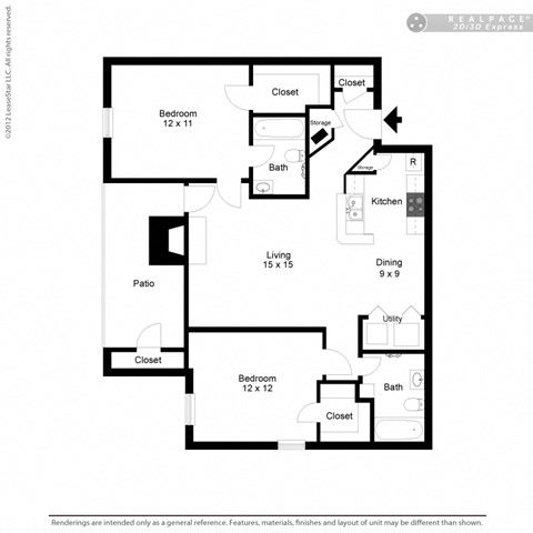 Floor plan for 2 beds, 2 baths, 1038 sqft